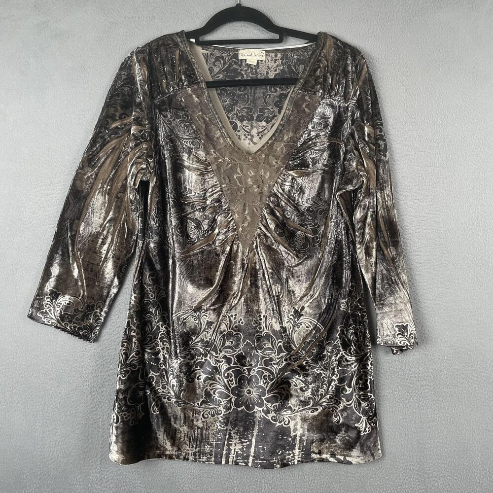 Live and Let Live Tunic Top Womens XL Metallic Velvet Lace Boho Floral Blouse